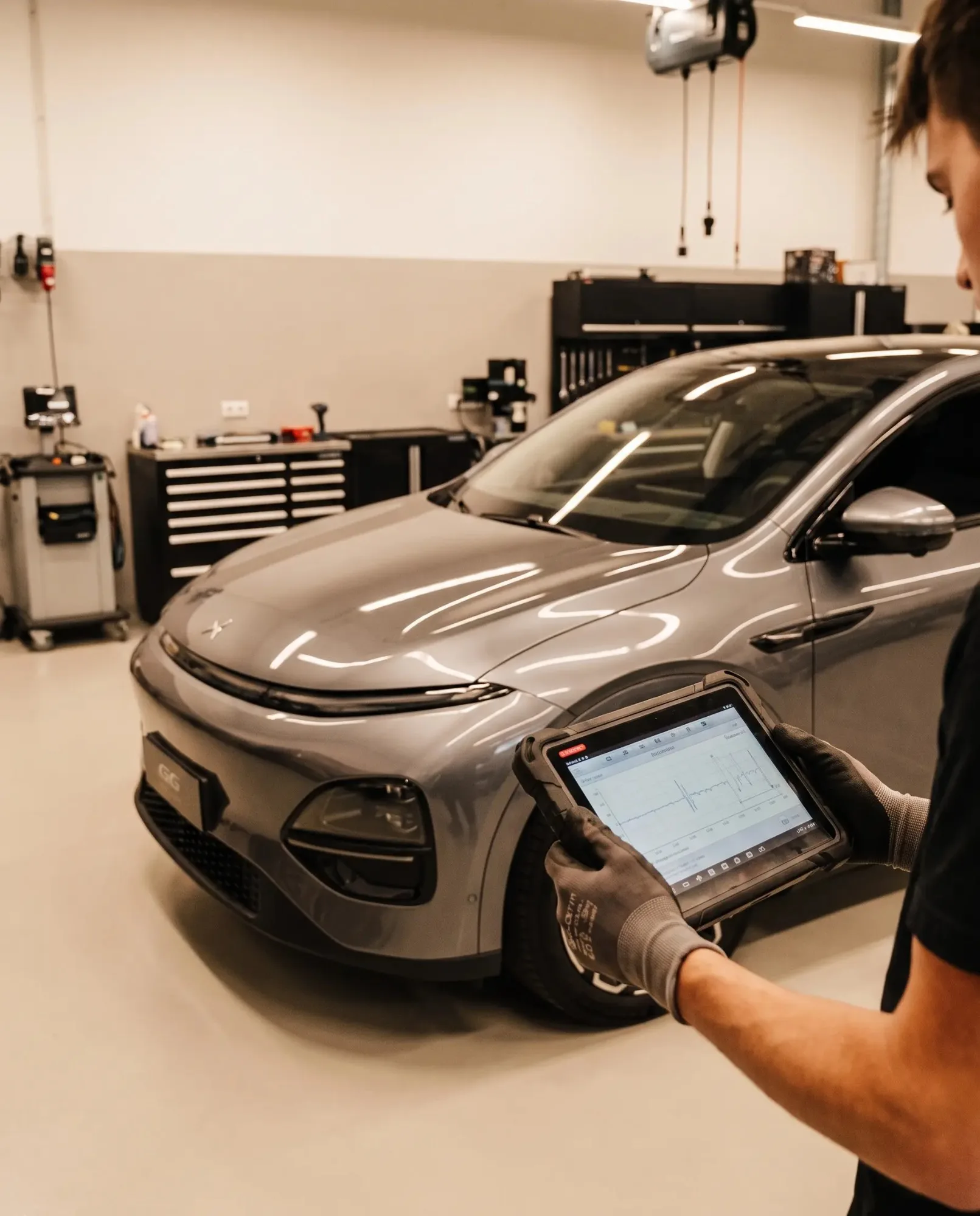 Tecnico Lucar esegue la diagnosi di una XPENG G6 con il tablet
